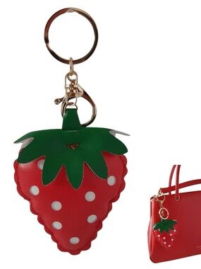 Strawberry Bag Charm Red Puffy PU Leather Polka Dot Gold Keychain